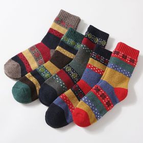 5Pairs Lot Winter Thickened Warm Woolen Socks Women's Striped Retro Wool New Year Christmas Gift Grils Socks TJ3140 (Color: 1, size: One Size)